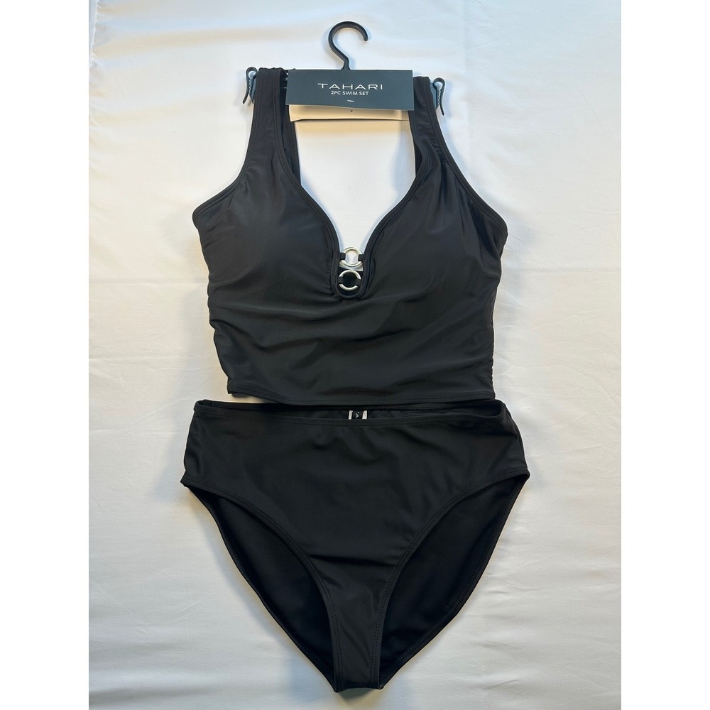 Tahari Womens 2 Piece Tankini Swimsuit Set Black Gold Ring Detail Size Large NEW